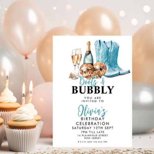 Turquoise Cowboy laarzen en Bubble Party uitnodigi Kaart