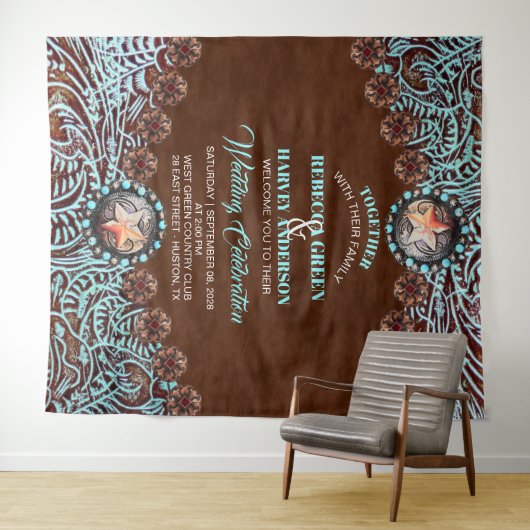 Turquoise cowboy land Westerne bruiloft achtergron Wandkleed (In Situ (horizontaal))