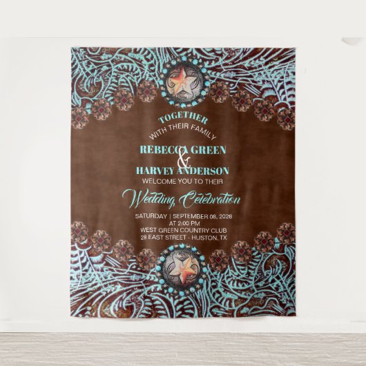 Turquoise cowboy land Westerne bruiloft achtergron Wandkleed (Voorkant)