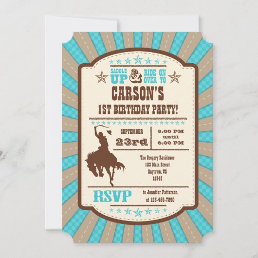 Turquoise Cowboy Rodeo Birthday Party Invitation Kaart (Voorkant)