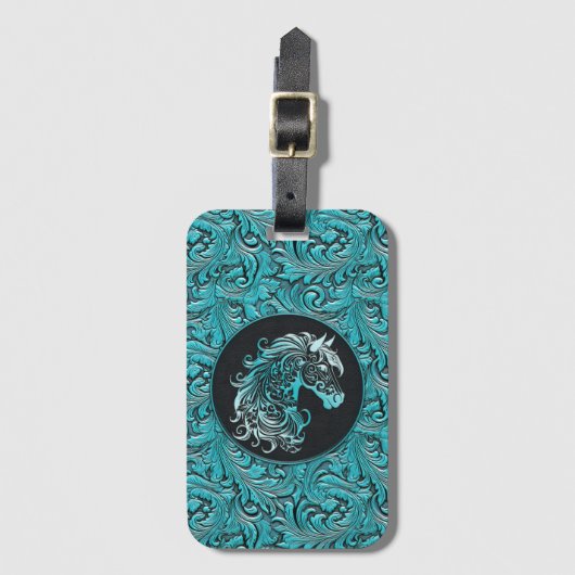 Turquoise cowgirl bloemengereedschap lederen paard bagagelabel (Voorkant (verticaal))