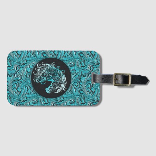 Turquoise cowgirl bloemengereedschap lederen paard bagagelabel (Voorkant (horizontaal))