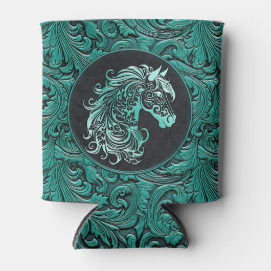 Turquoise cowgirl bloemengereedschap lederen paard blikjeskoeler (Voorkant)