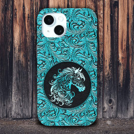 Turquoise cowgirl bloemengereedschap lederen paard iPhone 15 case