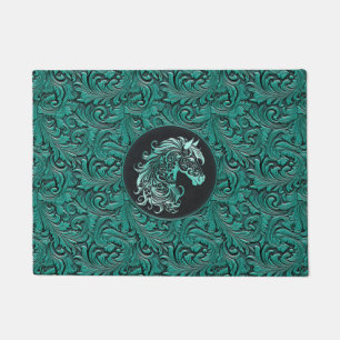Turquoise cowgirl bloemengereedschap lederen paard deurmat