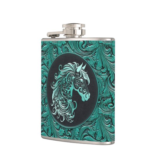 Turquoise cowgirl bloemengereedschap lederen paard heupfles (Links)