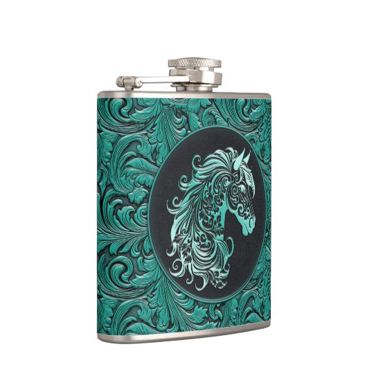 Turquoise cowgirl bloemengereedschap lederen paard heupfles (Rechts)