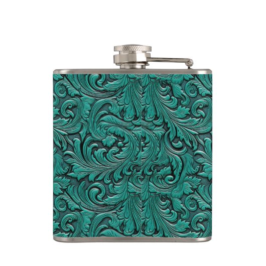 Turquoise cowgirl bloemengereedschap lederen paard heupfles (Achterkant)