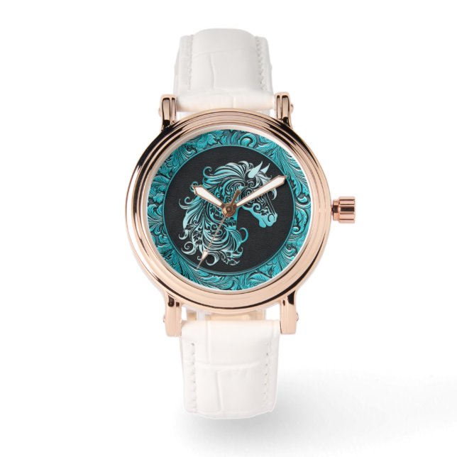 Turquoise cowgirl bloemengereedschap lederen paard horloge (Voorkant)