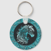 Turquoise cowgirl bloemengereedschap lederen paard sleutelhanger (Voorkant)