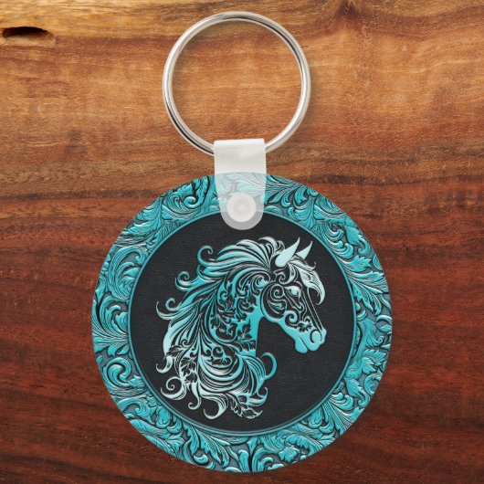 Turquoise cowgirl bloemengereedschap lederen paard sleutelhanger (Voorkant)