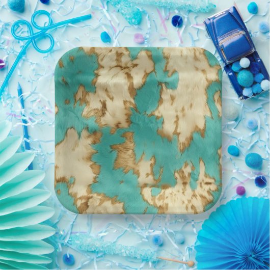 Turquoise Cream Dier Koeienhuid Western Cowgirl Papieren Bordje (Feest)