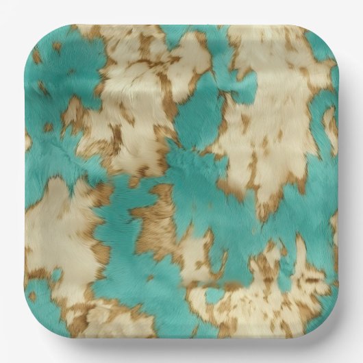 Turquoise Cream Dier Koeienhuid Western Cowgirl Papieren Bordje (Voorkant)