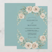 Turquoise Crème Bloemrijke Bruiloft Kaart (Voorkant / Achterkant)