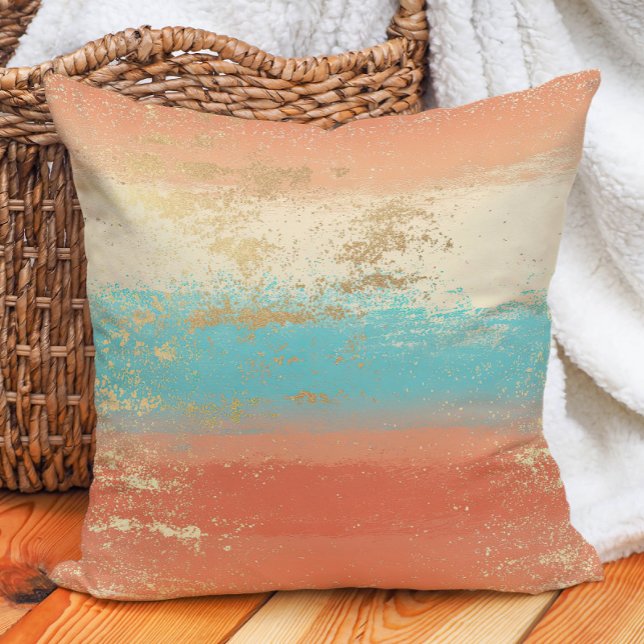Turquoise Crème Koraal Goud Boho Kust Kussen (Turquoise Cream Coral Gold Boho Coastal Throw Pillow)