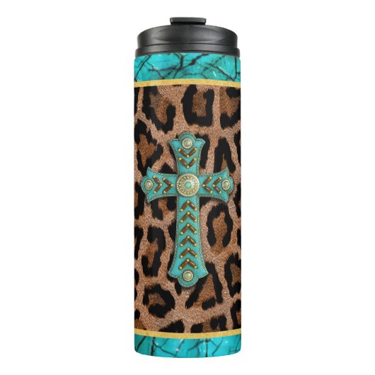 Turquoise Cross op Animal Print Thermosbeker (Voorkant)