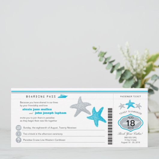 Turquoise Cruise Starfish Boarding Pass Wedding Kaart (Staand voorkant)