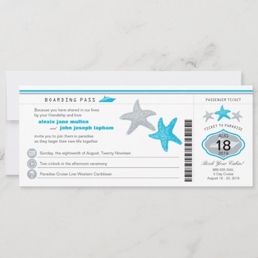 Turquoise Cruise Starfish Boarding Pass Wedding Kaart (Voorkant)