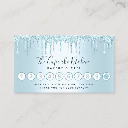 Turquoise Cupcake bakkerij Pastry Chef Glitter Dri Klantenkaartje (Voorkant)