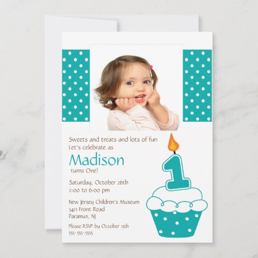 Turquoise Cupcake Photo Birthday Invitation Kaart (Voorkant)