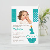 Turquoise Cupcake Photo Birthday Invitation Kaart (Staand voorkant)