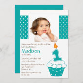 Turquoise Cupcake Photo Birthday Invitation Kaart (Voorkant / Achterkant)
