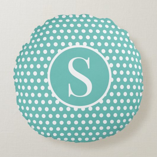 Turquoise Custom initiaal letter Polka Dot Rond Kussen (Voorkant)