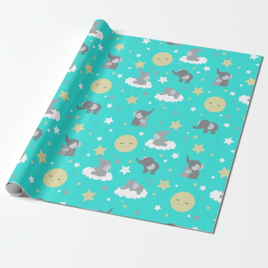 Turquoise Cute Elephant and Stars Wrapping Paper Cadeaupapier (Uitgerold)