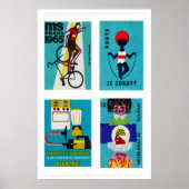 Turquoise Czech Matchbox Labels Grid Print (Voorkant)