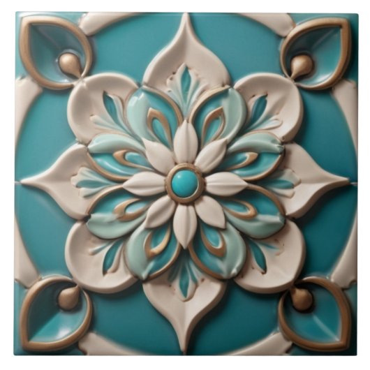 Turquoise Daisy Faux Relief Boho Floral Tegeltje (Voorkant)