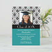 Turquoise Damask Afstuderen Invitation Foto Kaart (Staand voorkant)