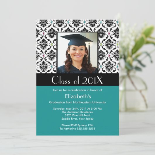 Turquoise Damask Afstuderen Invitation Foto Kaart (Staand voorkant)
