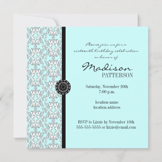 Turquoise Damask Baroque Sweet 16 Party Invitation Kaart (Voorkant)