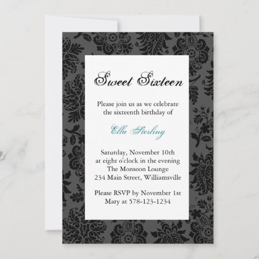 Turquoise Damask Birthday Invitation Kaart (Voorkant)