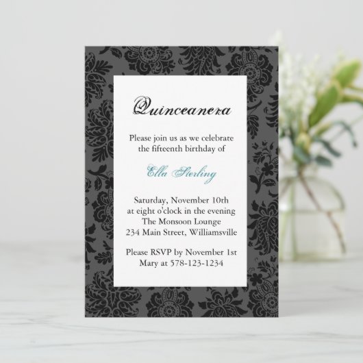 Turquoise Damask Birthday Invitation Kaart (Staand voorkant)