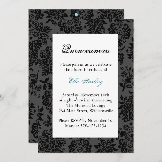 Turquoise Damask Birthday Invitation Kaart (Voorkant / Achterkant)