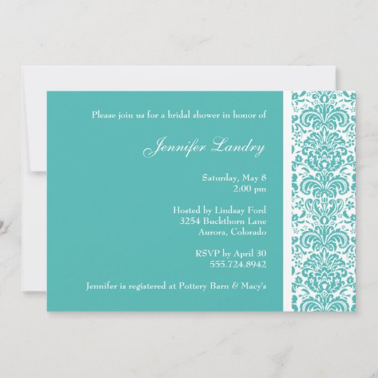 Turquoise Damask Bridal Shower Invitation Kaart (Voorkant)