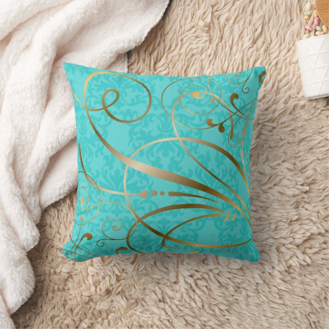 Turquoise Damask Gold Swirls Flourishes Kussen (Deken)