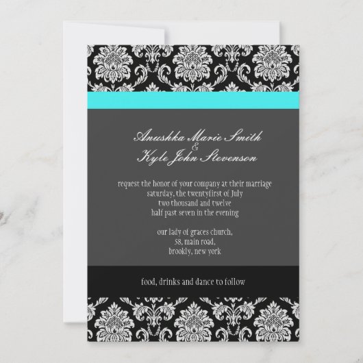 Turquoise Damask Monogram Wedding Invitation Kaart (Voorkant)