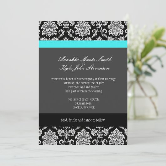 Turquoise Damask Monogram Wedding Invitation Kaart (Staand voorkant)