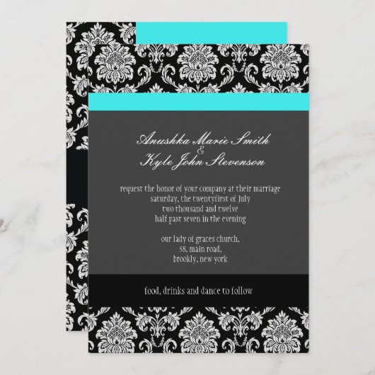 Turquoise Damask Monogram Wedding Invitation Kaart (Voorkant / Achterkant)