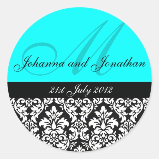 Turquoise Damask Monogram Wedding Stickers (Voorkant)