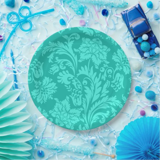 Turquoise damask print papieren bordje (Feest)