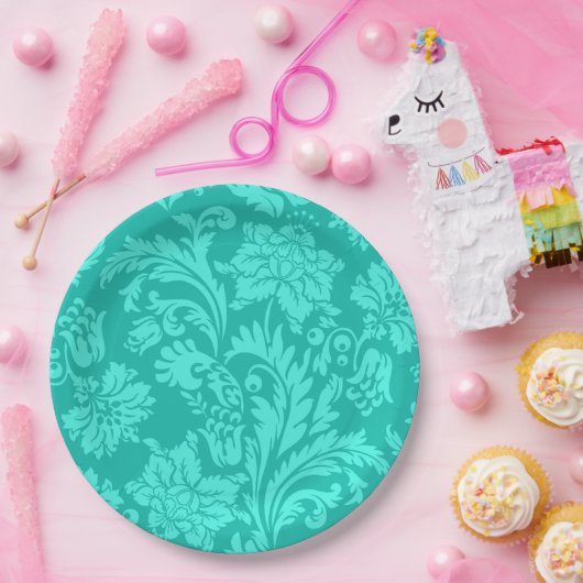 Turquoise damask print papieren bordje (Feest)