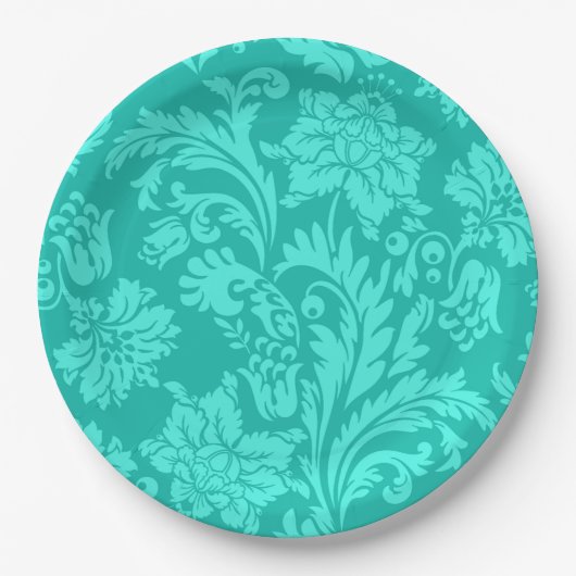 Turquoise damask print papieren bordje (Voorkant)