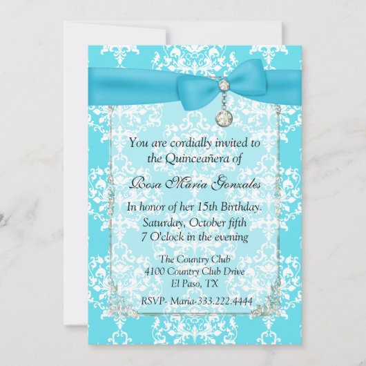 Turquoise Damask Quinceañera Uitnodiging (Voorkant)