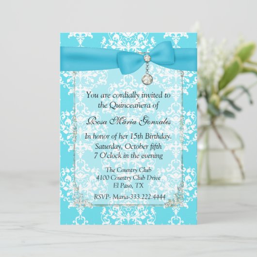 Turquoise Damask Quinceañera Uitnodiging (Staand voorkant)