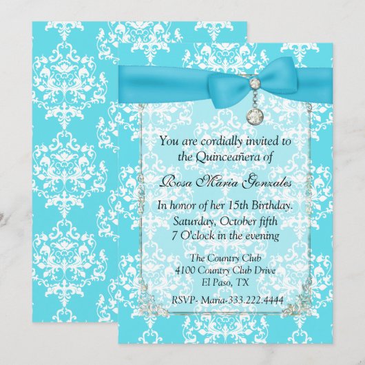 Turquoise Damask Quinceañera Uitnodiging (Voorkant / Achterkant)