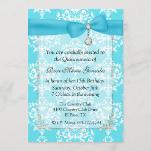 Turquoise Damask Quinceañera Uitnodiging