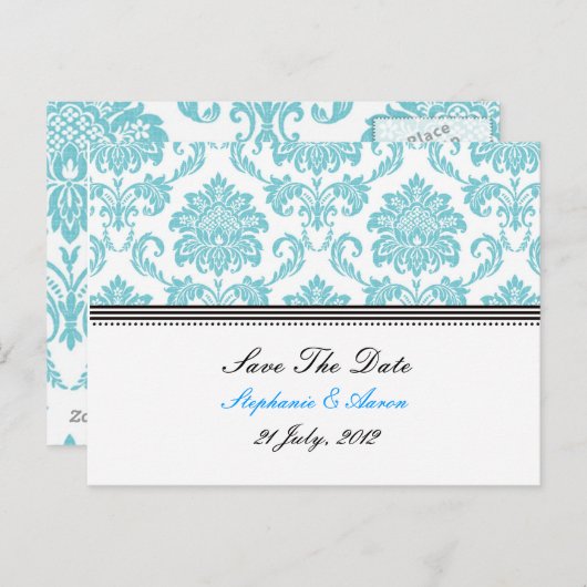 Turquoise Damask slaat het Briefkaart Date op (Voorkant / Achterkant)